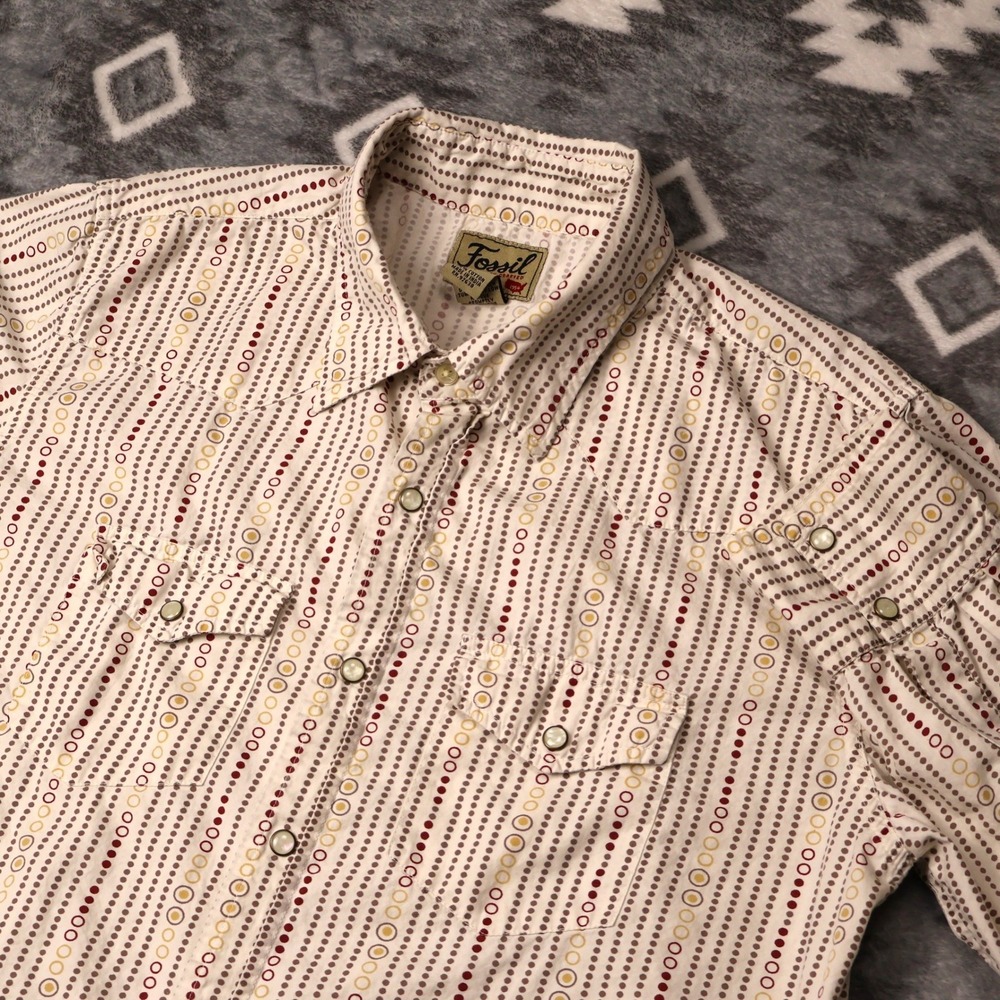 Fossil Western Snap Geometric Circle Stripe Shirt Mens Medium Cream Burgundy